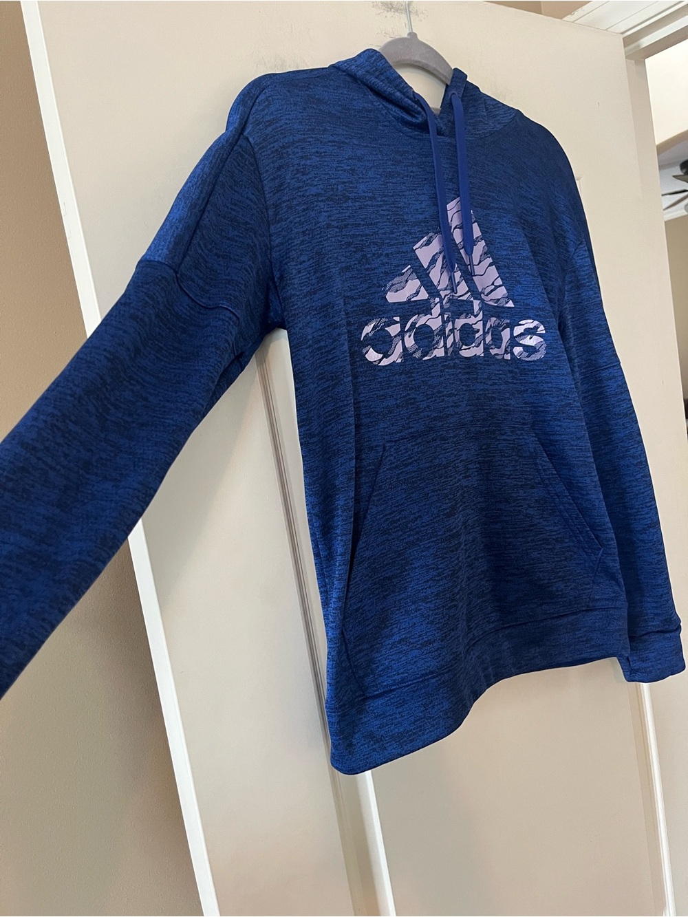 adidas Unisex Blue Hooded Logo Sweatshirt Finger Holes Long Sleeve Size Medium - Picture 8 of 16